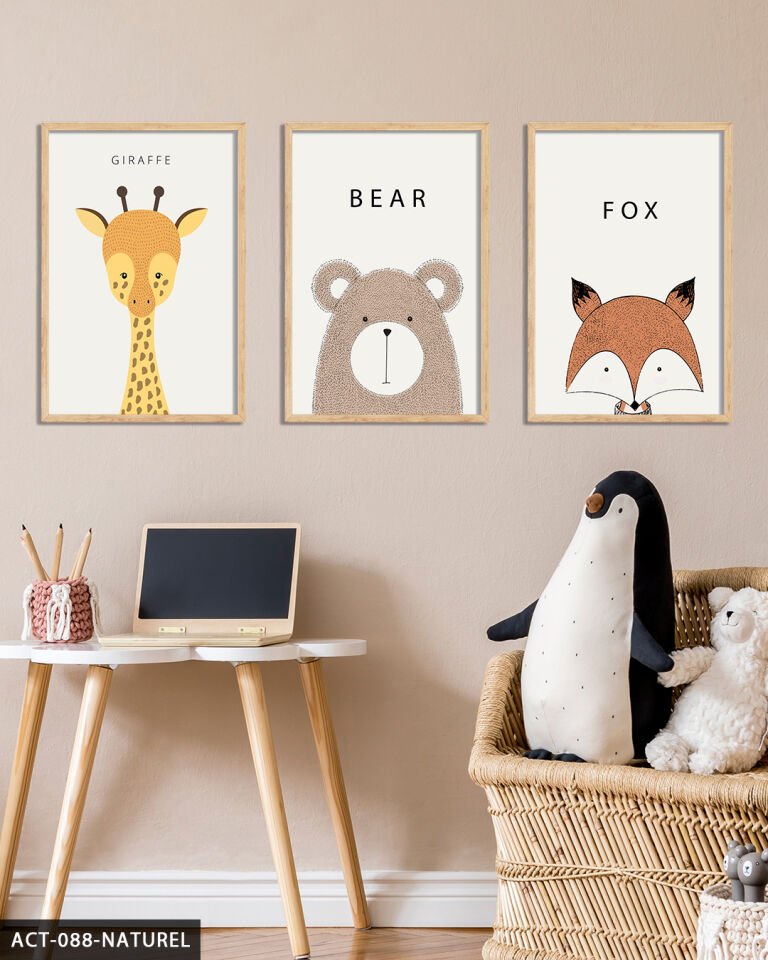 Hayvanlar Çocuk Odası 3 Parça Ahşap Çerçeveli Tablo Naturel - 20 x 30 CM