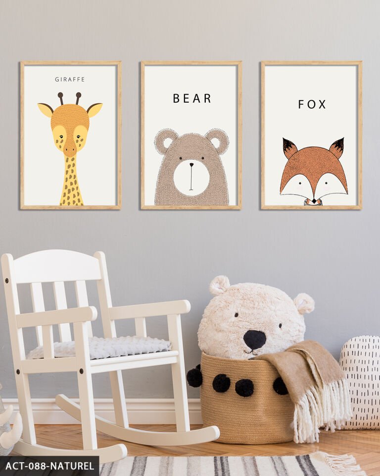 Hayvanlar Çocuk Odası 3 Parça Ahşap Çerçeveli Tablo Naturel - 20 x 30 CM