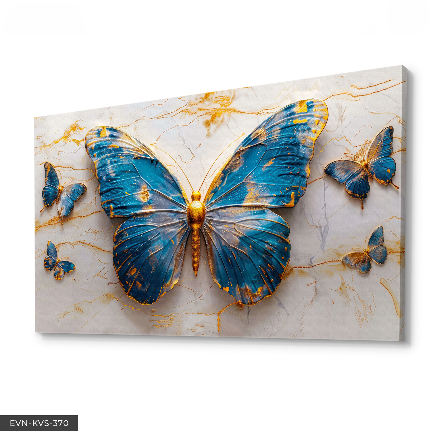 Gold Detaylı Mavi Kelebekler Tek Parça Kanvas - Canvas Tablo 140 x 90 CM - Çok Renkli