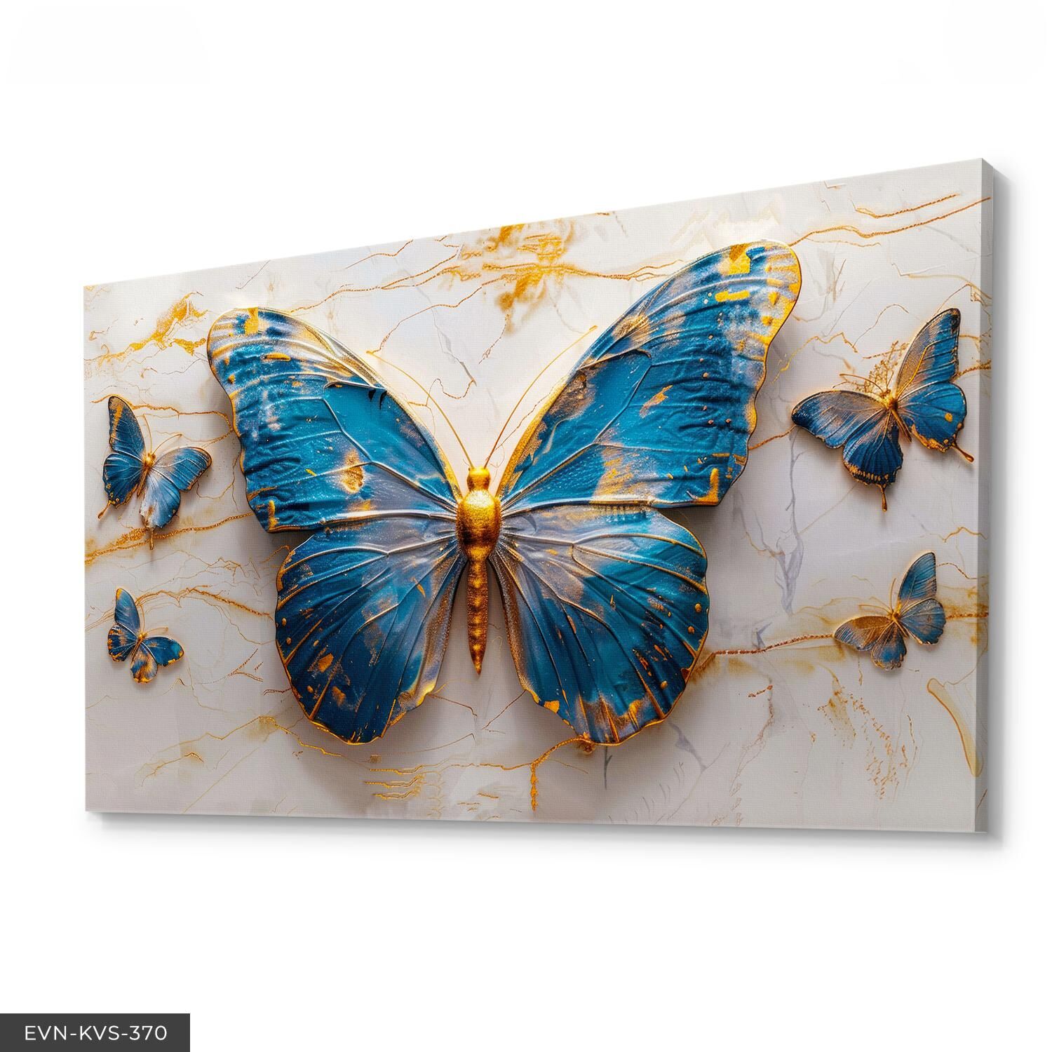 Gold Detaylı Mavi Kelebekler Tek Parça Kanvas - Canvas Tablo 40 x 30 CM - Çok Renkli