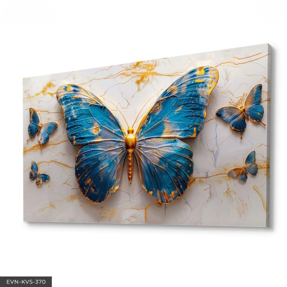 Gold Detaylı Mavi Kelebekler Tek Parça Kanvas - Canvas Tablo 140 x 90 CM - Çok Renkli
