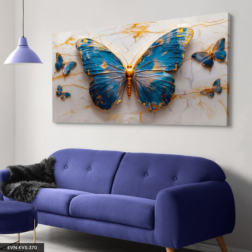 Gold Detaylı Mavi Kelebekler Tek Parça Kanvas - Canvas Tablo 140 x 90 CM - Çok Renkli