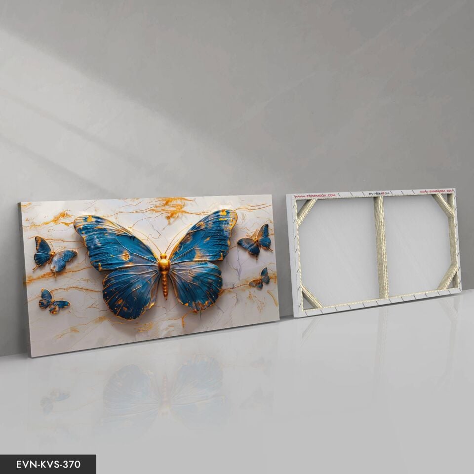 Gold Detaylı Mavi Kelebekler Tek Parça Kanvas - Canvas Tablo 40 x 30 CM - Çok Renkli