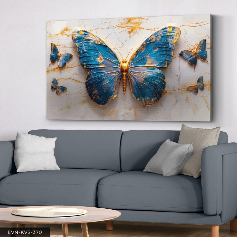 Gold Detaylı Mavi Kelebekler Tek Parça Kanvas - Canvas Tablo 40 x 30 CM - Çok Renkli