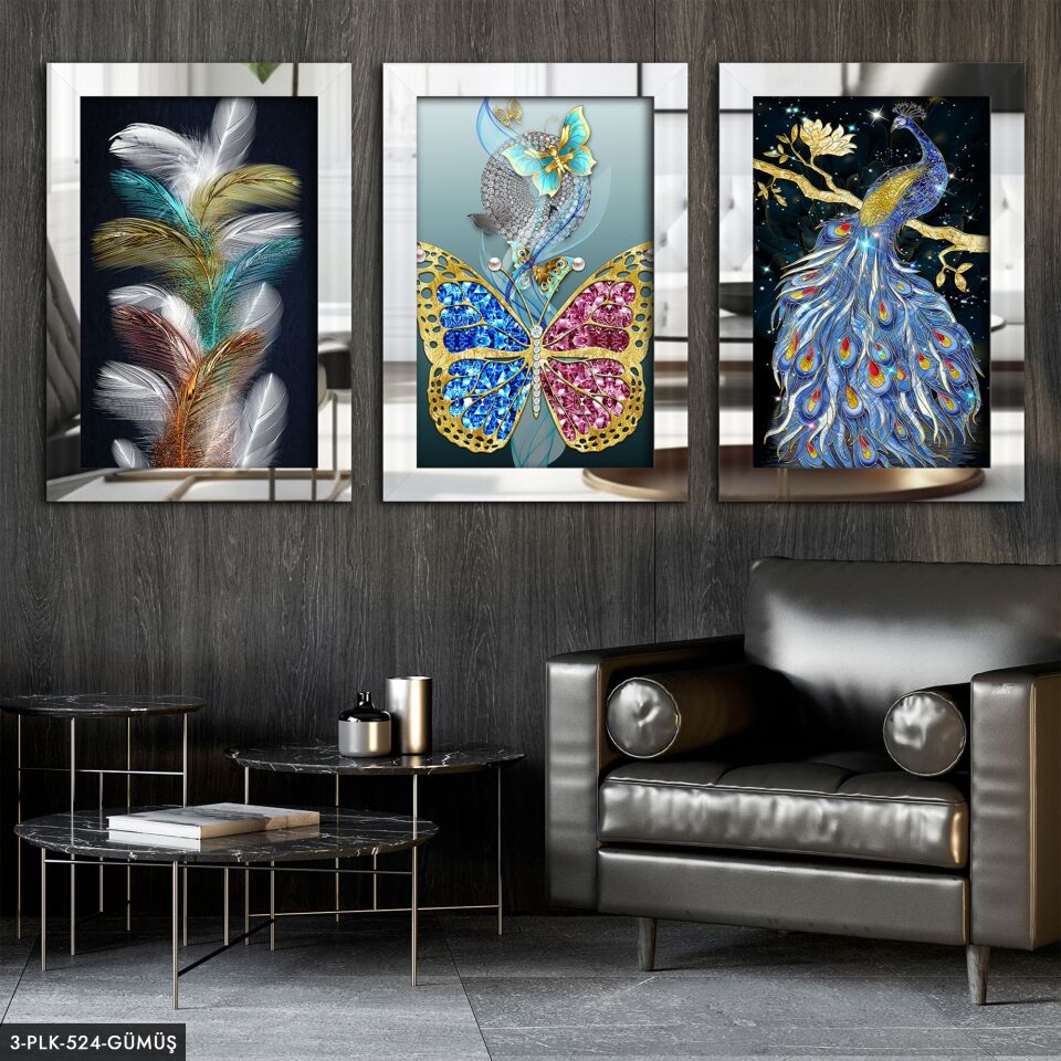 Kuş Tüy Kelebek 3 Parça Pleksi Aynalı Tablo 60 x 80 CM - Gümüş
