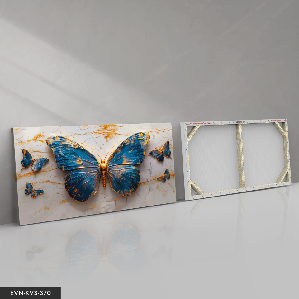 Gold Detaylı Mavi Kelebekler Tek Parça Kanvas - Canvas Tablo 140 x 90 CM - Çok Renkli