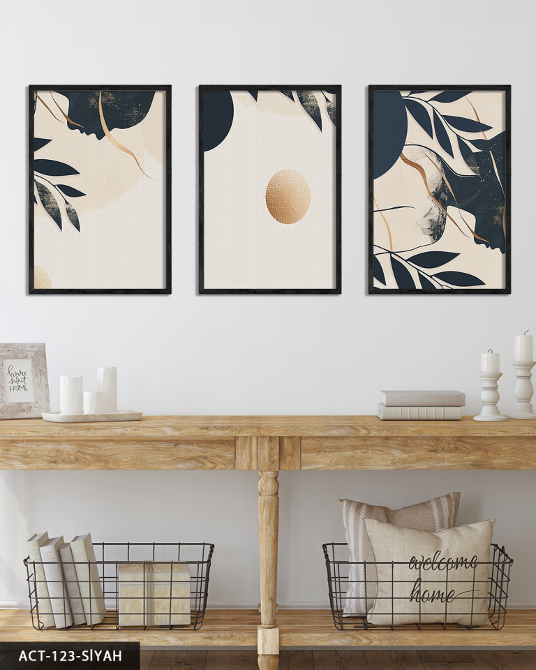 Gold Detaylı Ay ve Kadın Silüeti 3 Parça Ahşap Çerçeveli Tablo ACT Siyah - 30 x 40 CM