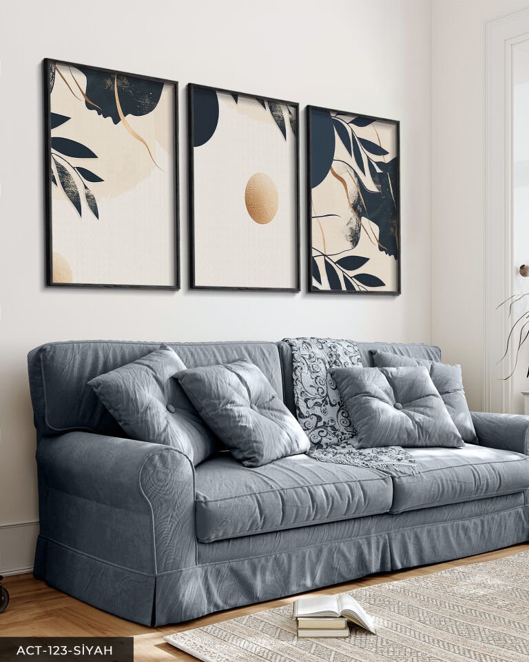 Gold Detaylı Ay ve Kadın Silüeti 3 Parça Ahşap Çerçeveli Tablo ACT Siyah - 30 x 40 CM