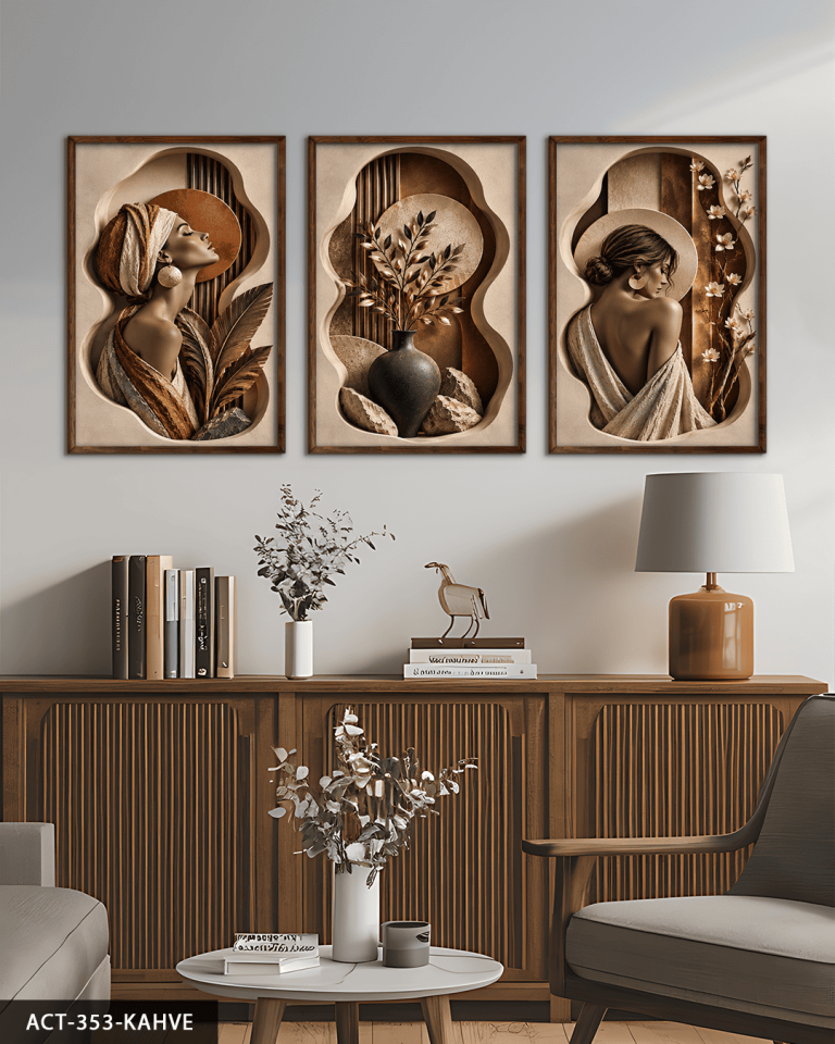Zarif Kadın ve Doğa 3 Parça Ahşap Çerçeveli Tablo ACT Kahverengi - 30 x 40 CM