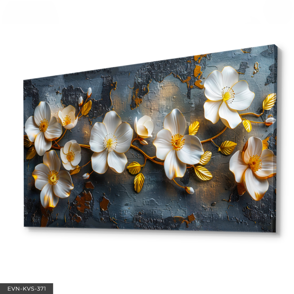 Gold Yapraklı Beyaz Çiçekler Tek Parça Kanvas - Canvas Tablo 140 x 90 CM - Çok Renkli