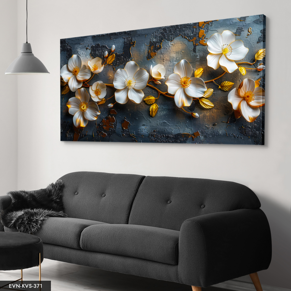 Gold Yapraklı Beyaz Çiçekler Tek Parça Kanvas - Canvas Tablo 140 x 90 CM - Çok Renkli