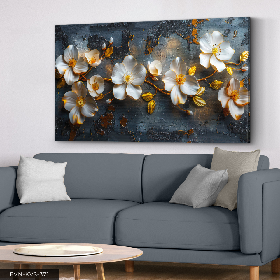 Gold Yapraklı Beyaz Çiçekler Tek Parça Kanvas - Canvas Tablo 140 x 90 CM - Çok Renkli