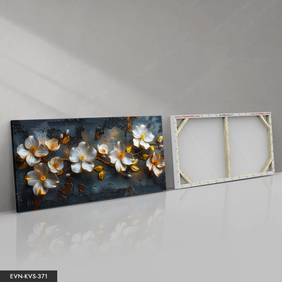 Gold Yapraklı Beyaz Çiçekler Tek Parça Kanvas - Canvas Tablo 140 x 90 CM - Çok Renkli