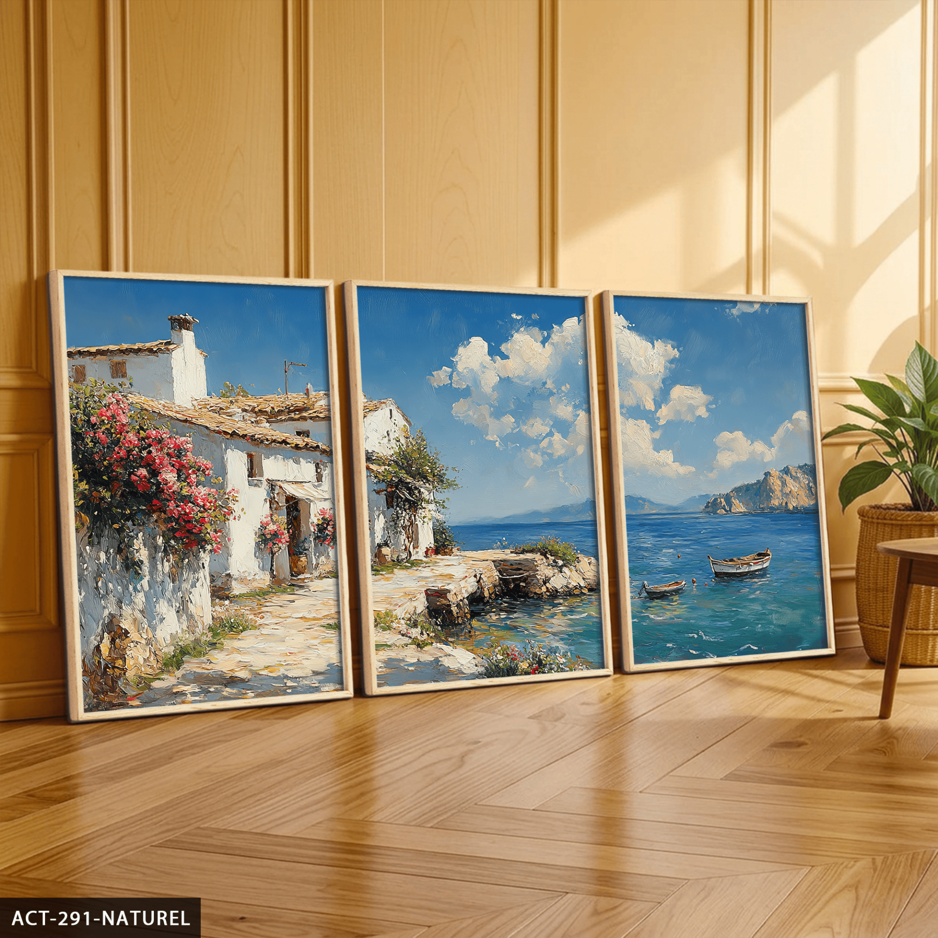 Deniz Manzarası 3 Parça Ahşap Çerçeveli Tablo ACT Naturel - 50 x 70 CM