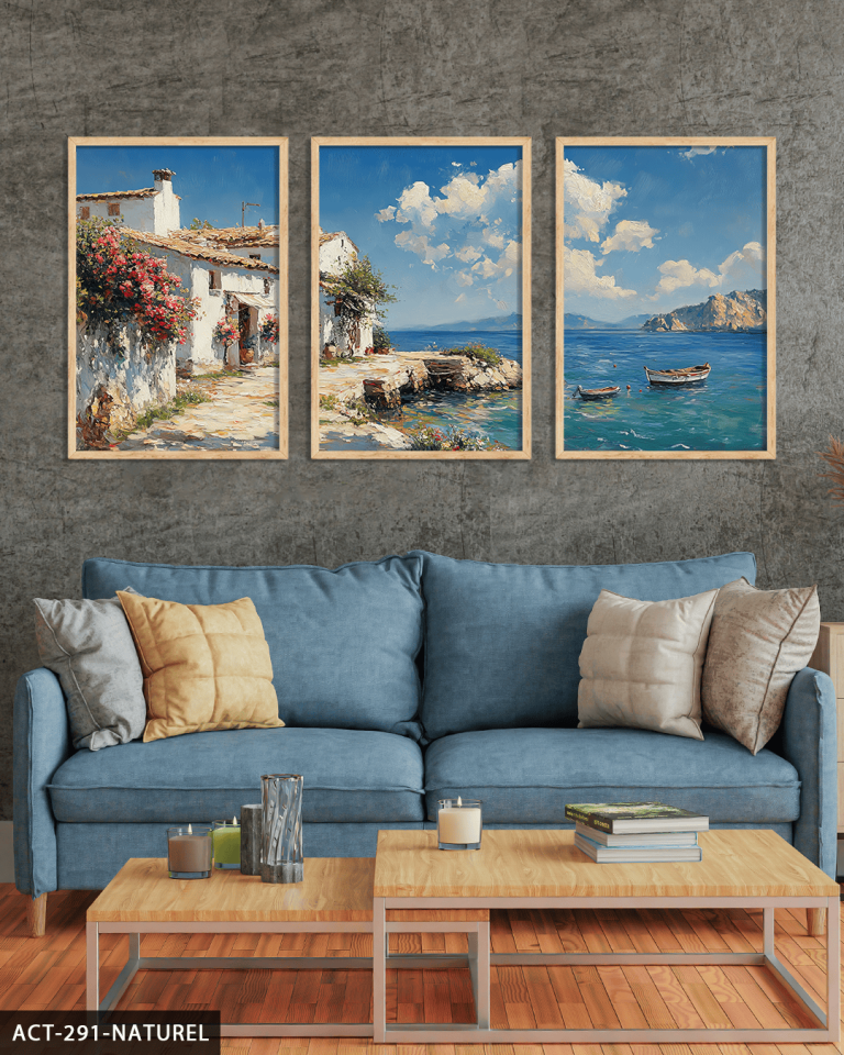 Deniz Manzarası 3 Parça Ahşap Çerçeveli Tablo ACT Naturel - 50 x 70 CM