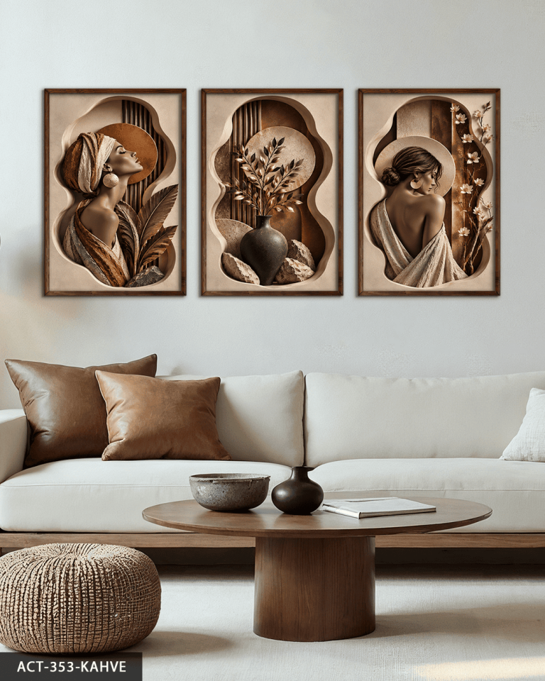 Zarif Kadın ve Doğa 3 Parça Ahşap Çerçeveli Tablo ACT Kahverengi - 40 x 60 CM