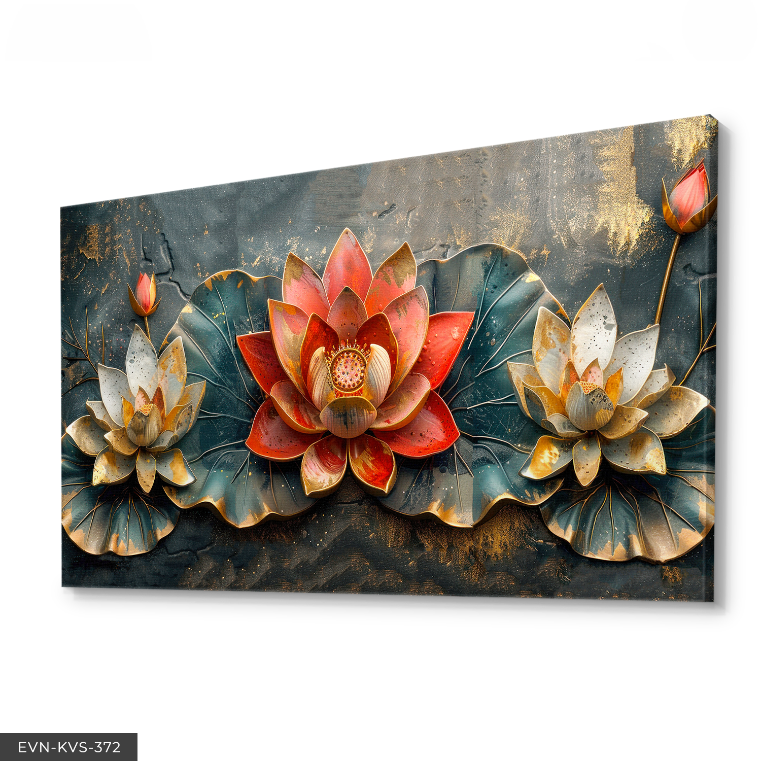 Gold Detaylı Kırmızı Ve Beyaz Nilüferler Tek Parça Kanvas - Canvas Tablo 140 x 90 CM - Çok Renkli