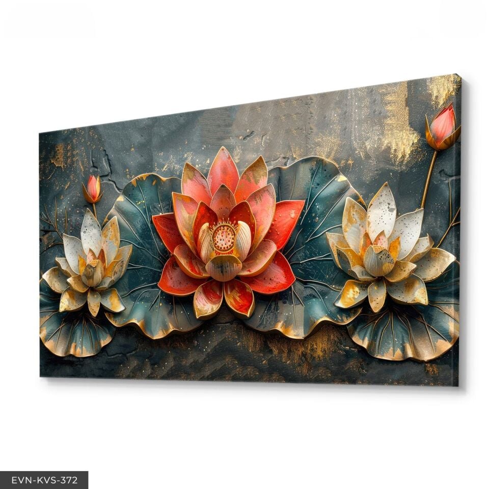 Gold Detaylı Kırmızı Ve Beyaz Nilüferler Tek Parça Kanvas - Canvas Tablo 140 x 90 CM - Çok Renkli