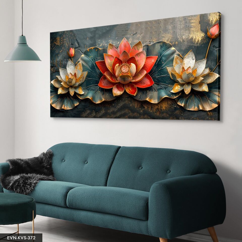 Gold Detaylı Kırmızı Ve Beyaz Nilüferler Tek Parça Kanvas - Canvas Tablo 40 x 30 CM - Çok Renkli