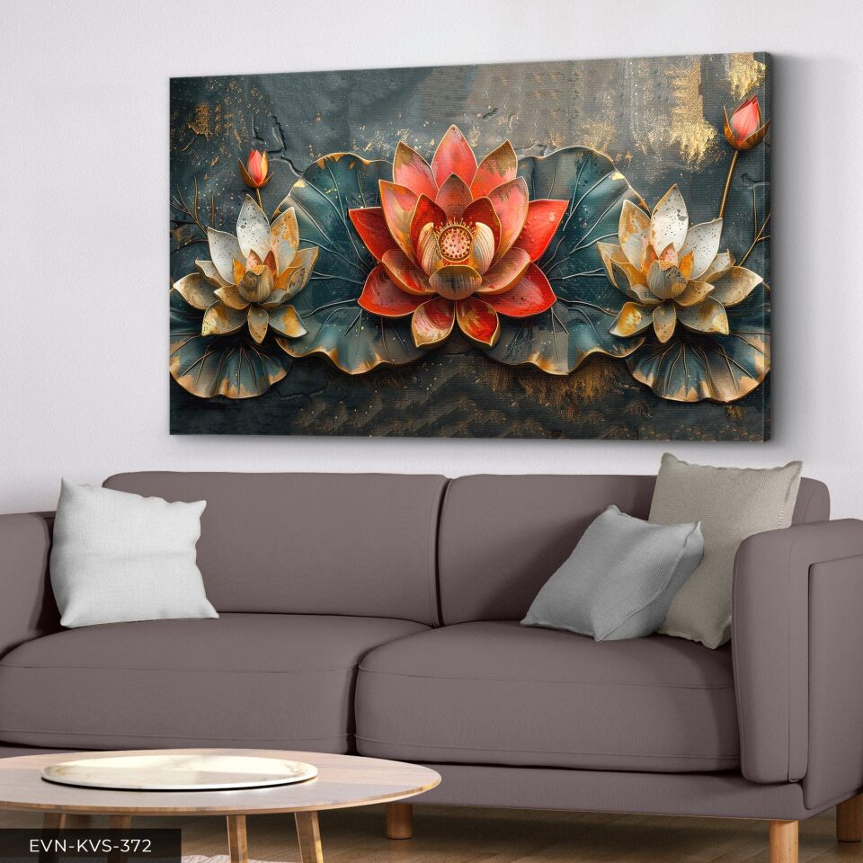 Gold Detaylı Kırmızı Ve Beyaz Nilüferler Tek Parça Kanvas - Canvas Tablo 40 x 30 CM - Çok Renkli