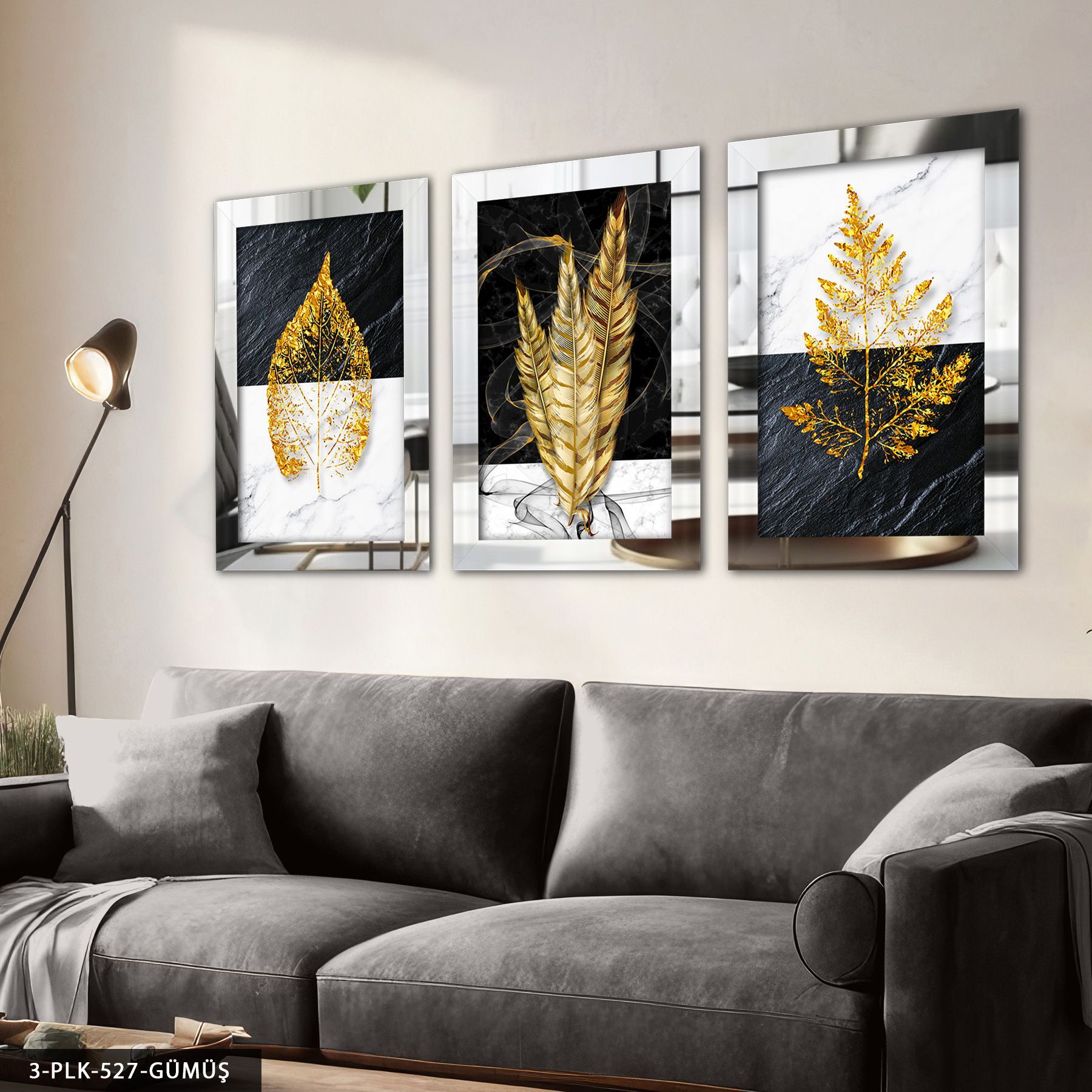 Yaprak Tüy 3 Parça Pleksi Aynalı Tablo 60 x 80 CM - Gümüş