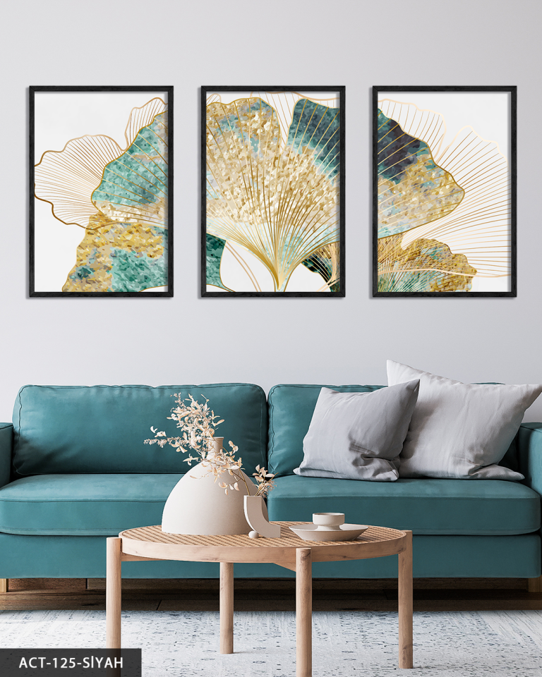 Yeşil ve Gold Detaylı Set 3 Parça Ahşap Çerçeveli Tablo ACT Siyah - 30 x 40 CM
