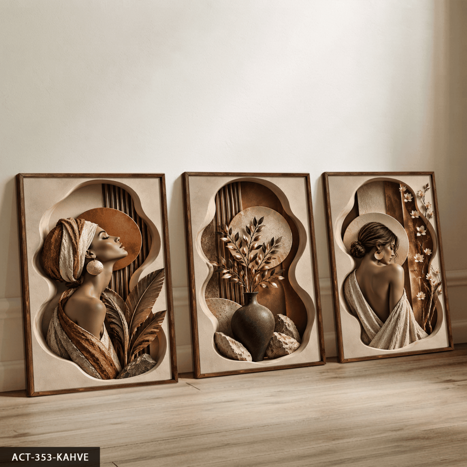 Zarif Kadın ve Doğa 3 Parça Ahşap Çerçeveli Tablo ACT Kahverengi - 50 x 70 CM