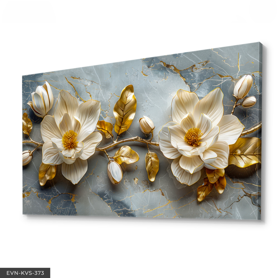 Gold Yapraklı Çiçekler Tek Parça Kanvas - Canvas Tablo 140 x 90 CM - Çok Renkli