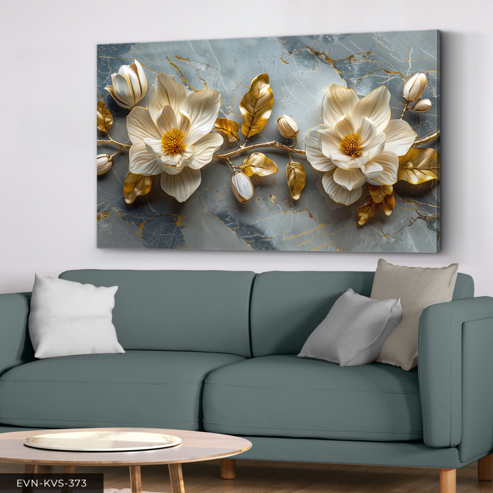 Gold Yapraklı Çiçekler Tek Parça Kanvas - Canvas Tablo 140 x 90 CM - Çok Renkli
