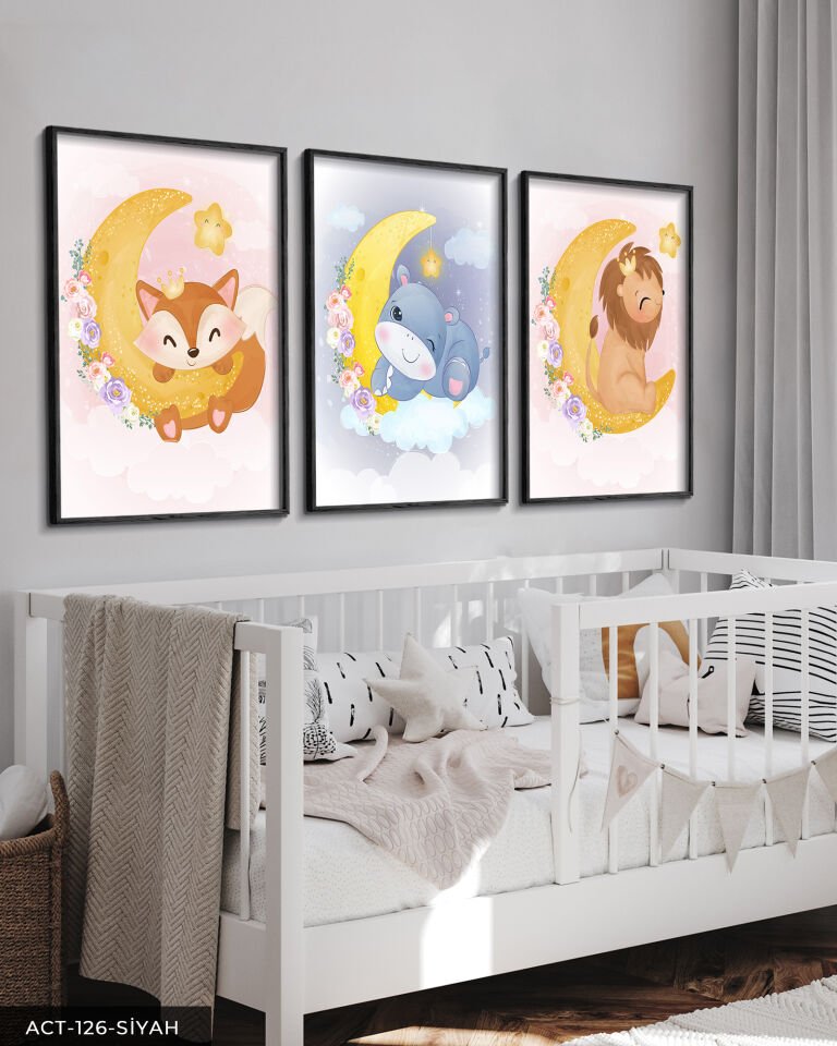 Hayvan Temalı Çocuk Odası 3 Parça Ahşap Çerçeveli Tablo ACT Siyah - 30 x 40 CM