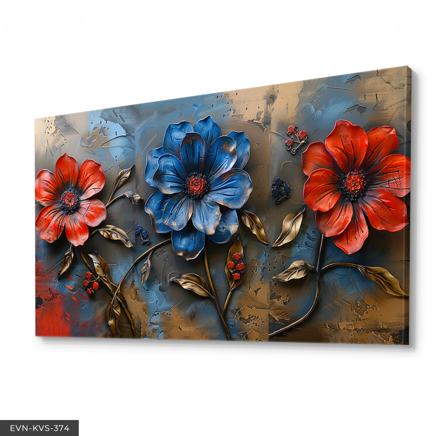 Mavi Kırmızı Çiçek Tek Parça Kanvas - Canvas Tablo 140 x 90 CM - Çok Renkli