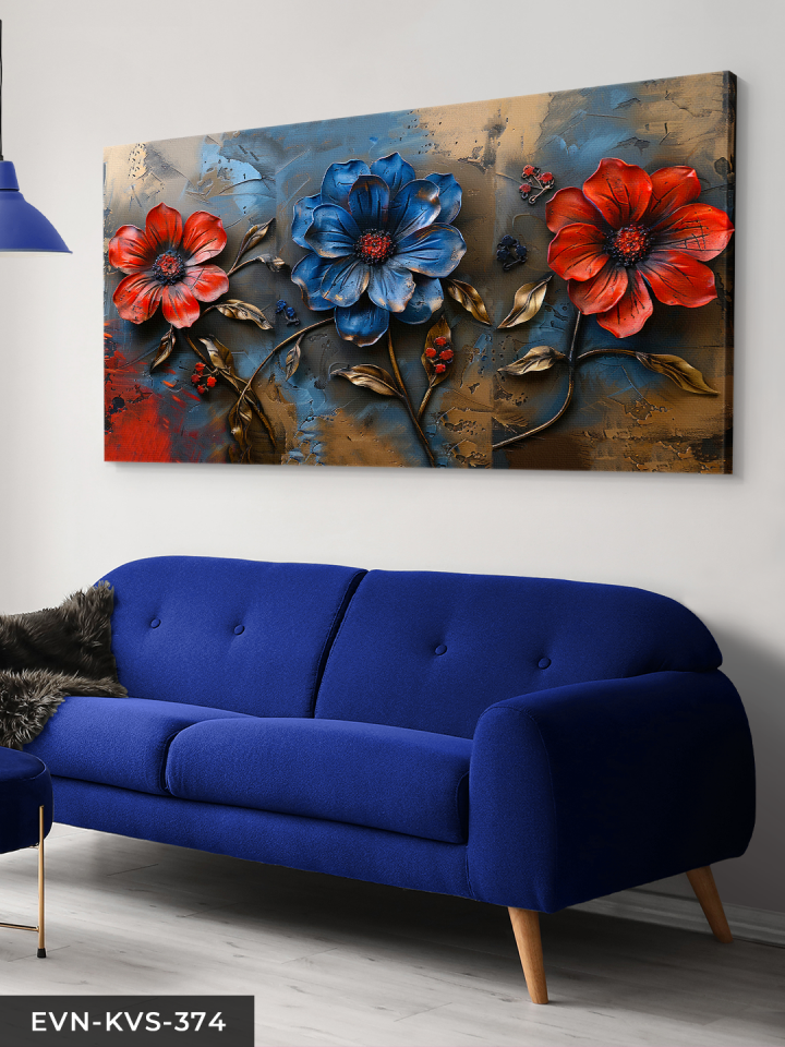 Mavi Kırmızı Çiçek Tek Parça Kanvas - Canvas Tablo 140 x 90 CM - Çok Renkli