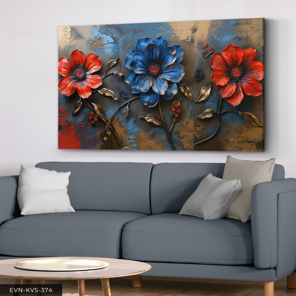 Mavi Kırmızı Çiçek Tek Parça Kanvas - Canvas Tablo 140 x 90 CM - Çok Renkli