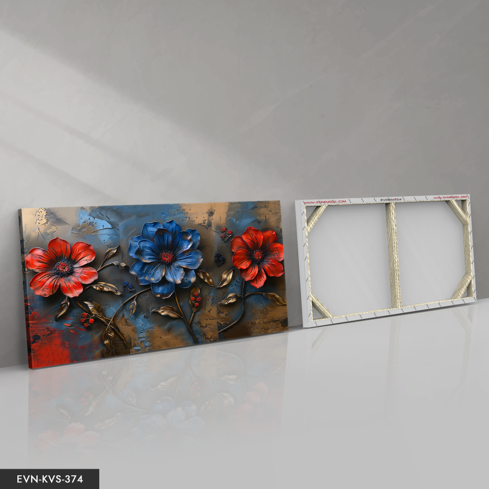 Mavi Kırmızı Çiçek Tek Parça Kanvas - Canvas Tablo 140 x 90 CM - Çok Renkli