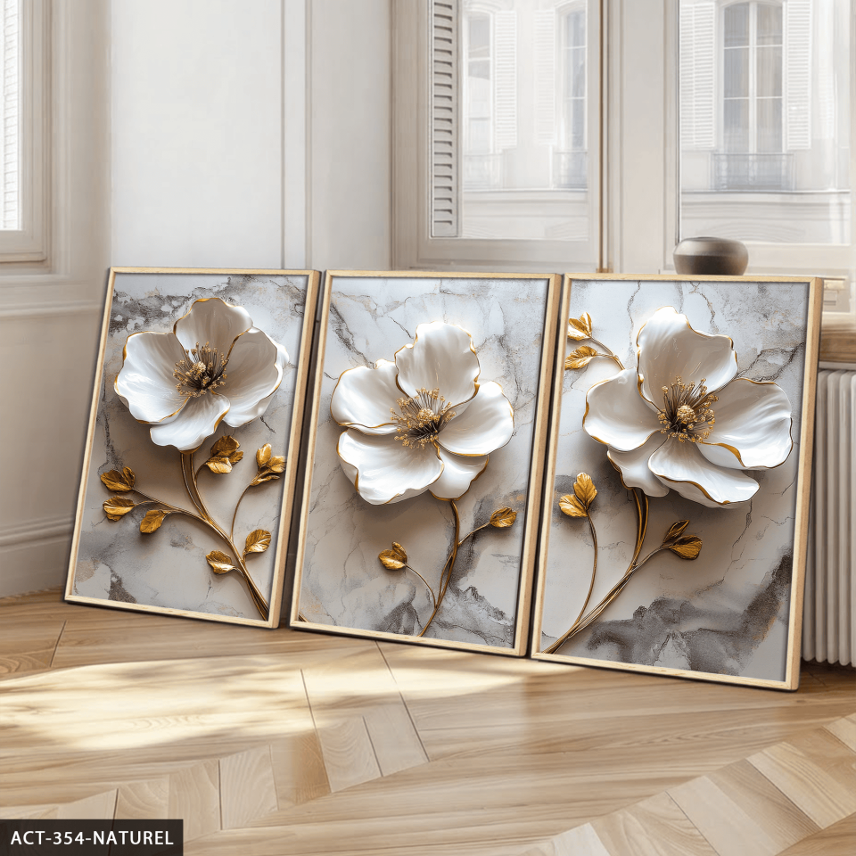 Gold Yapraklı Beyaz Çiçek 3 Parça Ahşap Çerçeveli Tablo ACT Naturel - 30 x 40 CM