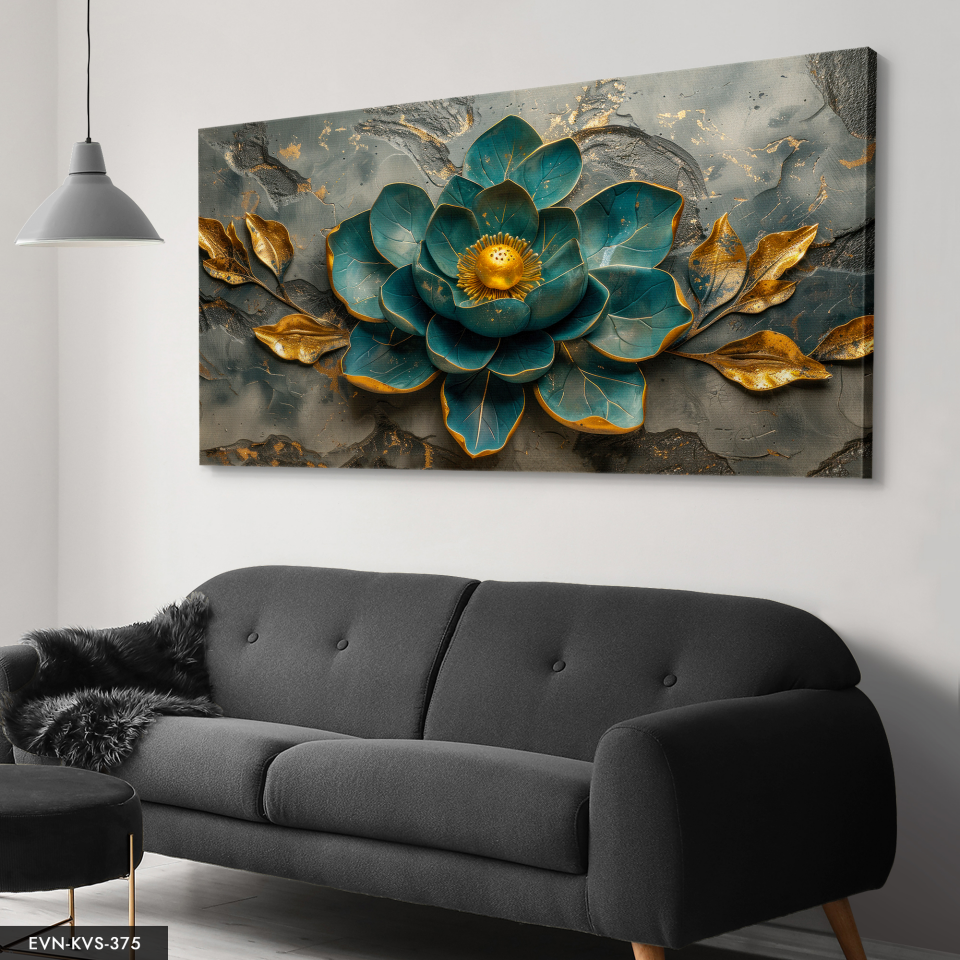 Gold Detaylı Yeşil Çiçek Tek Parça Kanvas - Canvas Tablo 140 x 90 CM - Çok Renkli