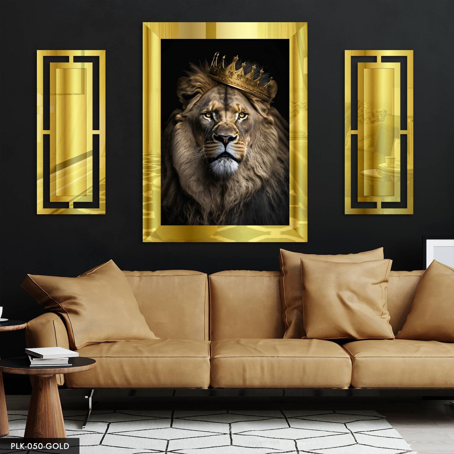 Aslan Yan Dekorlu 3 Parça Pleksi Tablo DKRPLK Gold - 110 x 80 CM