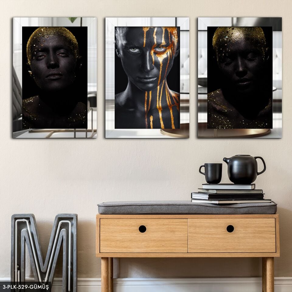 Siyahi Kadınlar 3 Parça Pleksi Aynalı Tablo 60 x 80 CM - Gümüş