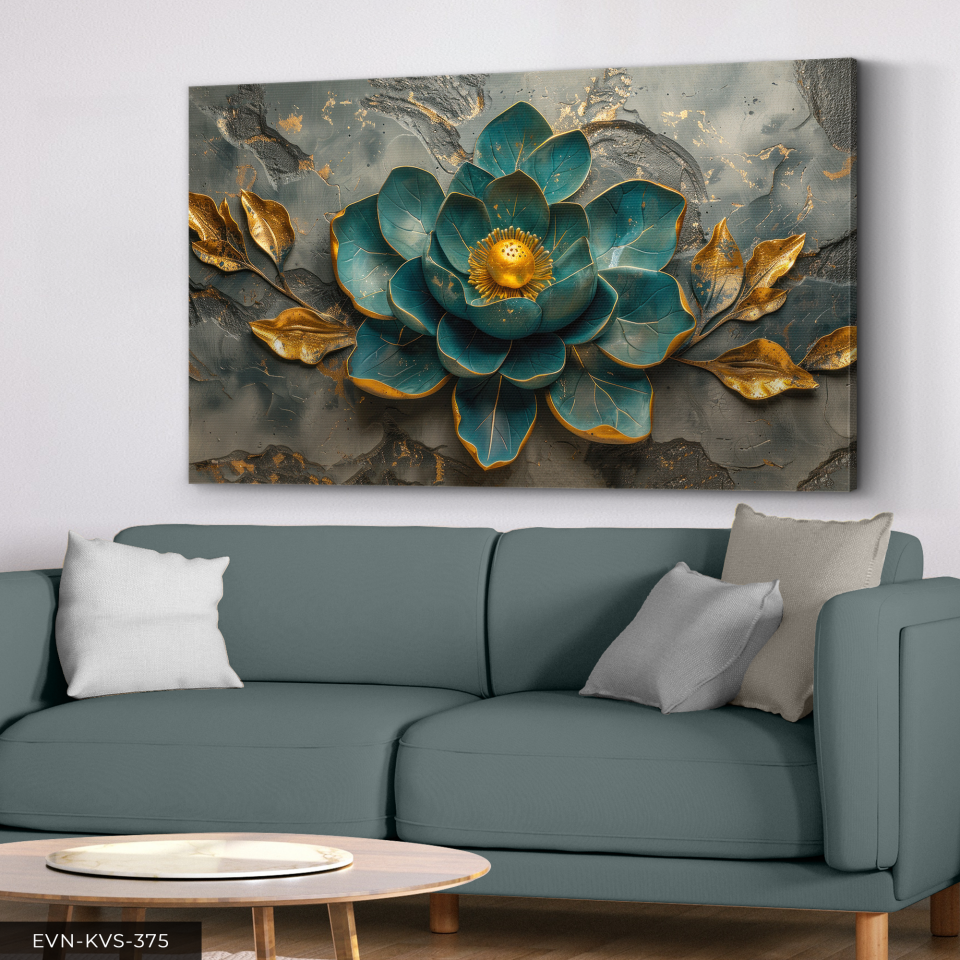 Gold Detaylı Yeşil Çiçek Tek Parça Kanvas - Canvas Tablo 140 x 90 CM - Çok Renkli