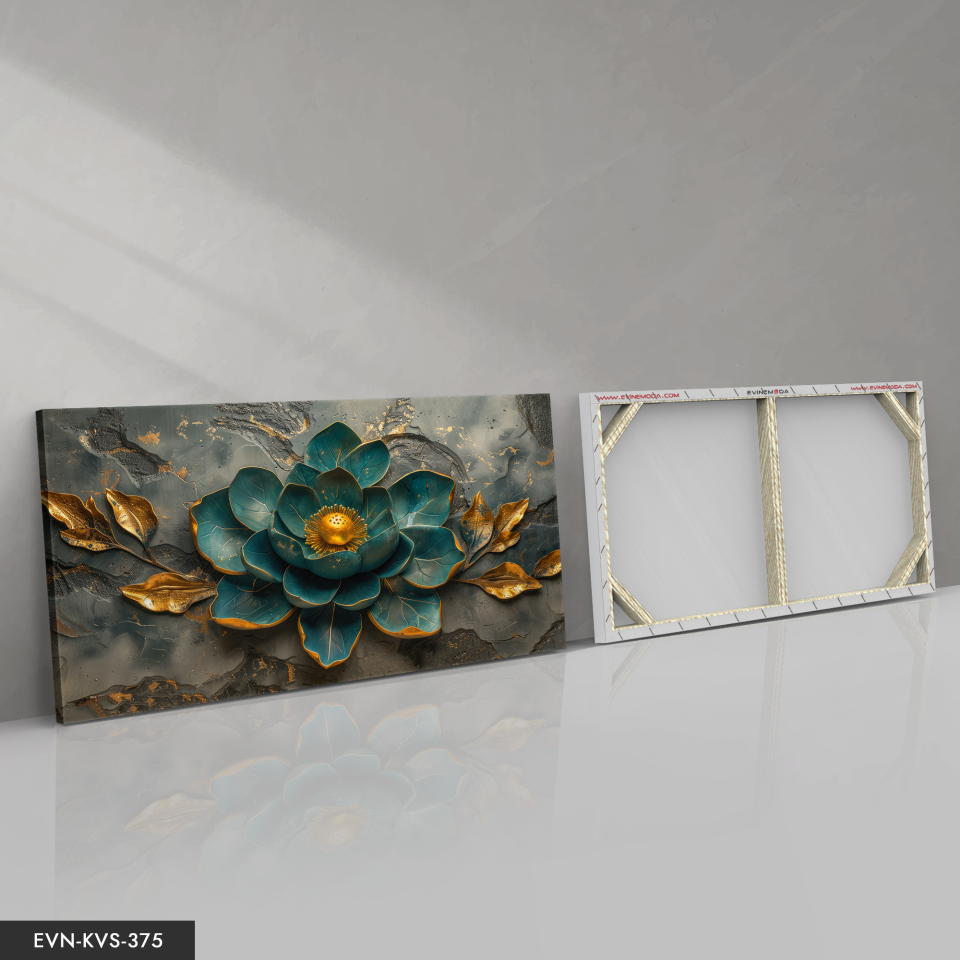 Gold Detaylı Yeşil Çiçek Tek Parça Kanvas - Canvas Tablo 140 x 90 CM - Çok Renkli