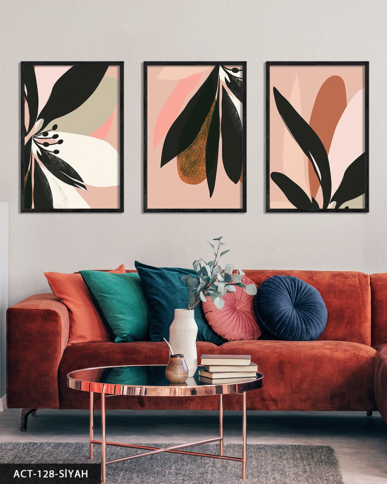 Pembe Zeminde Siyah Yapraklı Çiçek 3 Parça Ahşap Çerçeveli Tablo ACT Siyah - 30 x 40 CM