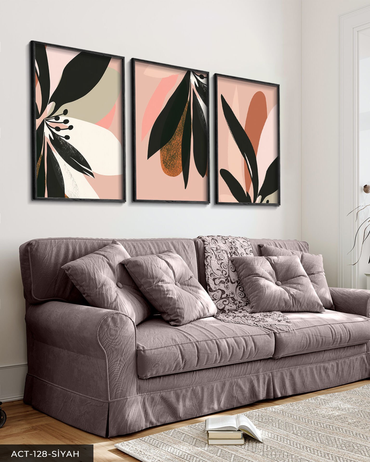 Pembe Zeminde Siyah Yapraklı Çiçek 3 Parça Ahşap Çerçeveli Tablo ACT Siyah - 30 x 40 CM