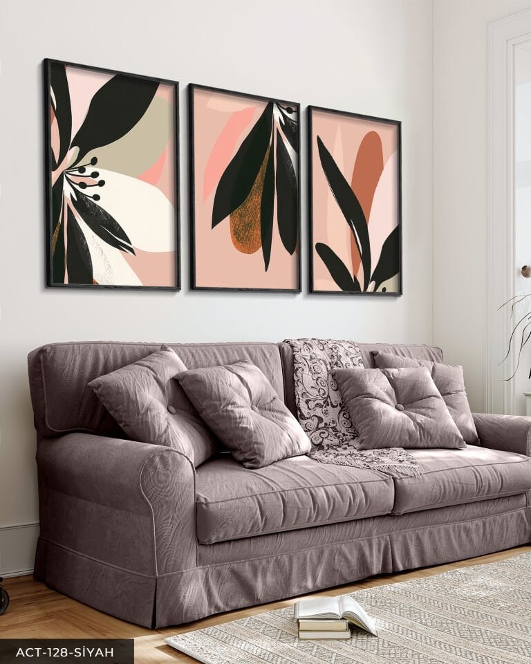 Pembe Zeminde Siyah Yapraklı Çiçek 3 Parça Ahşap Çerçeveli Tablo ACT Siyah - 30 x 40 CM