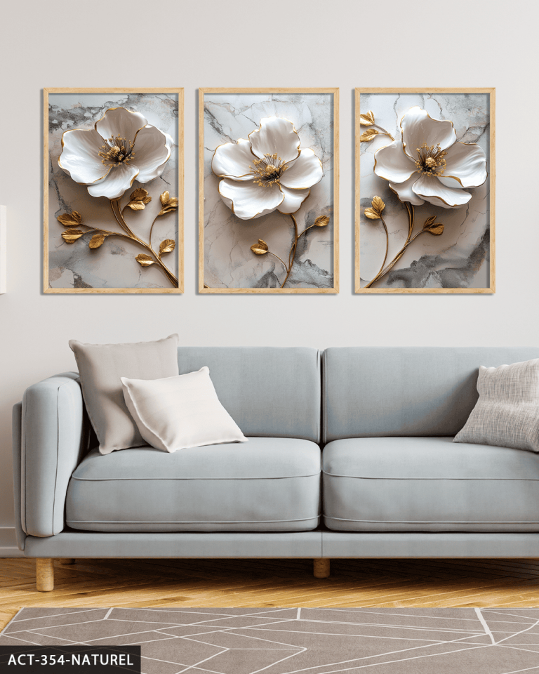 Gold Yapraklı Beyaz Çiçek 3 Parça Ahşap Çerçeveli Tablo ACT Naturel - 40 x 60 CM