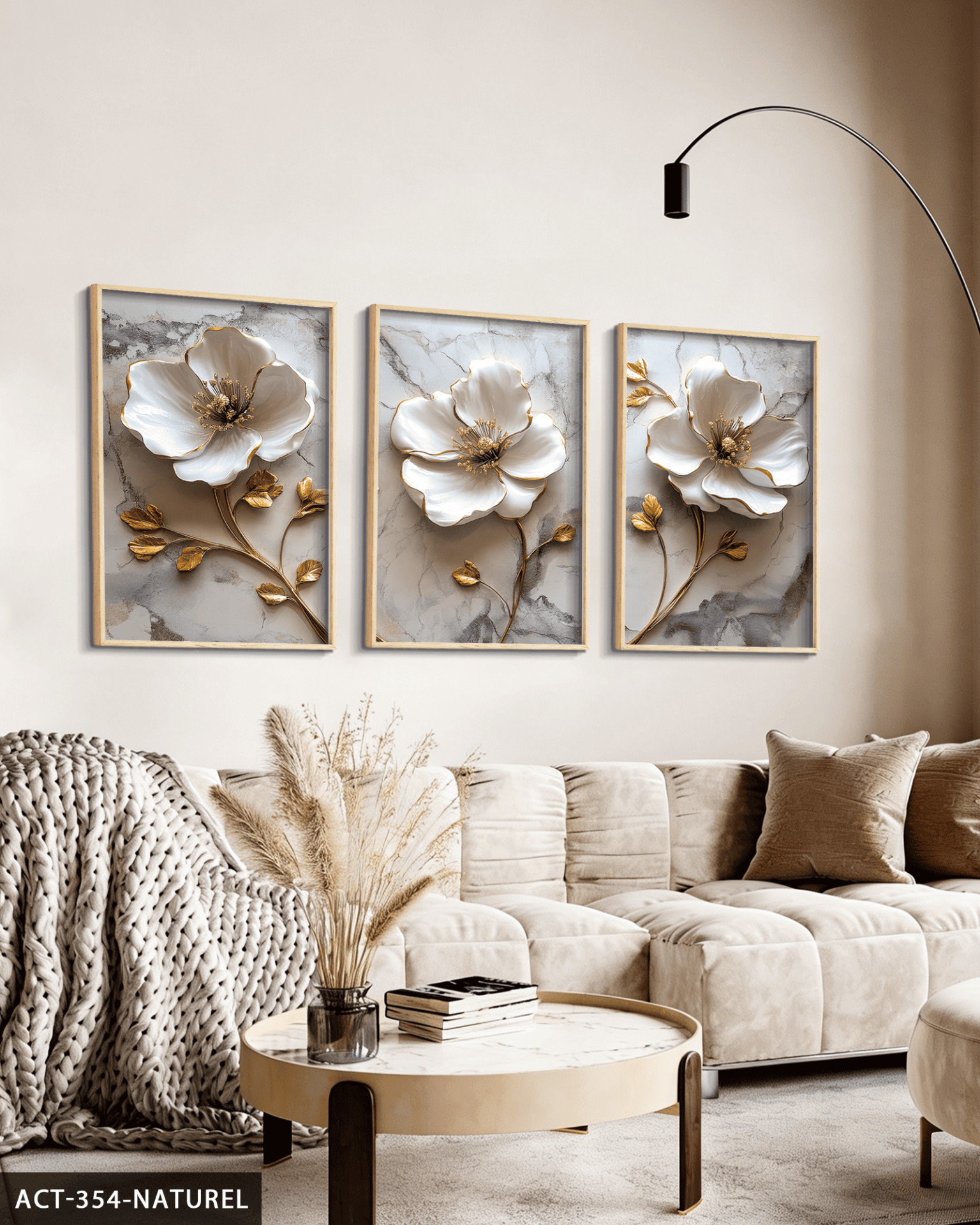 Gold Yapraklı Beyaz Çiçek 3 Parça Ahşap Çerçeveli Tablo ACT Naturel - 40 x 60 CM