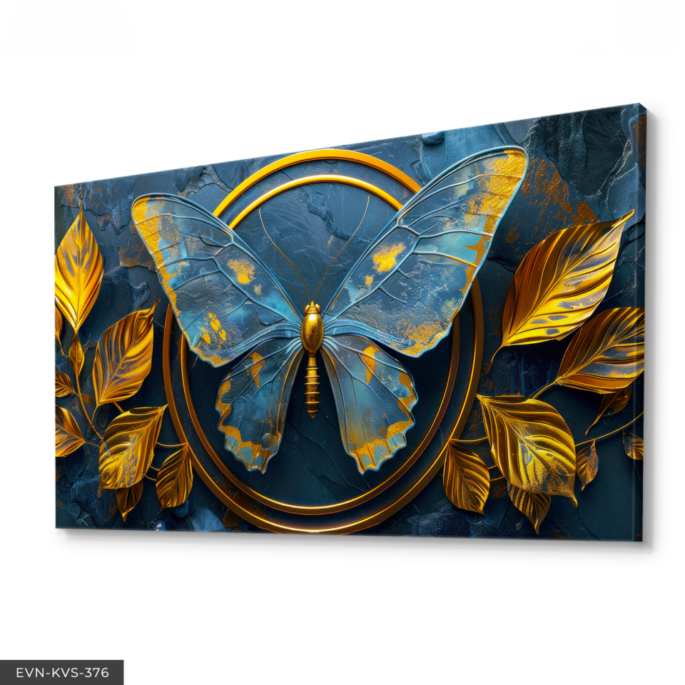 Mavi Gold Kelebek Tek Parça Kanvas - Canvas Tablo 140 x 90 CM - Çok Renkli