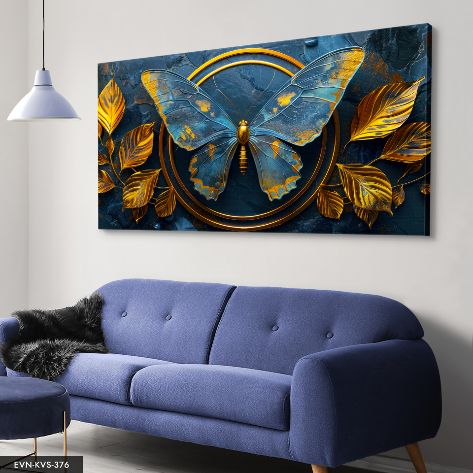 Mavi Gold Kelebek Tek Parça Kanvas - Canvas Tablo 140 x 90 CM - Çok Renkli