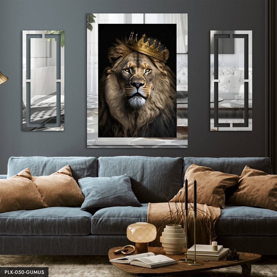 Aslan Yan Dekorlu 3 Parça Pleksi Tablo DKRPLK Gümüş - 110 x 80 CM