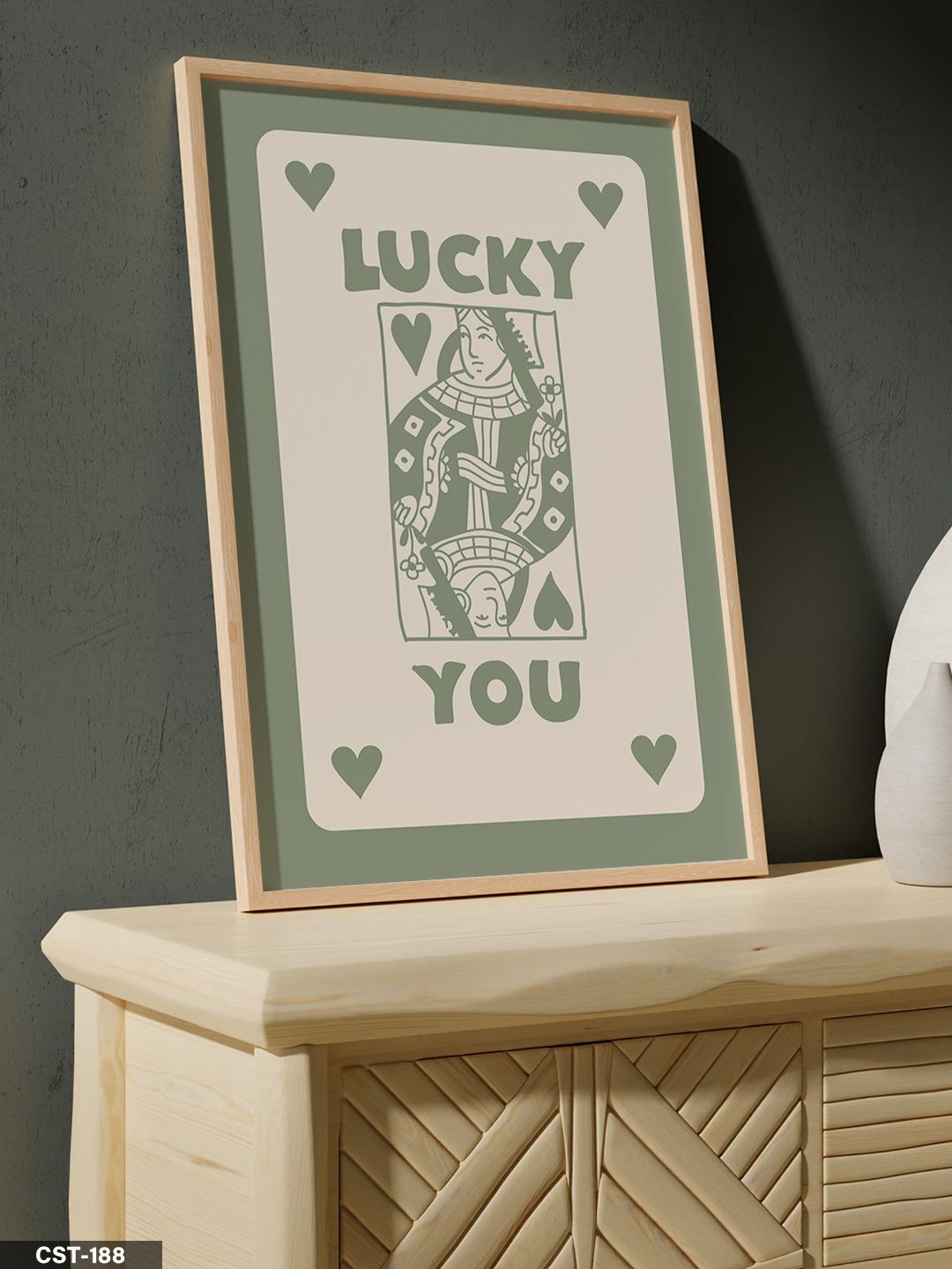 Yeşil ''LUCKY YOU'' kartı, Tek Parça Ahşap Çerçeveli Tablo Naturel - 40 x 60 CM