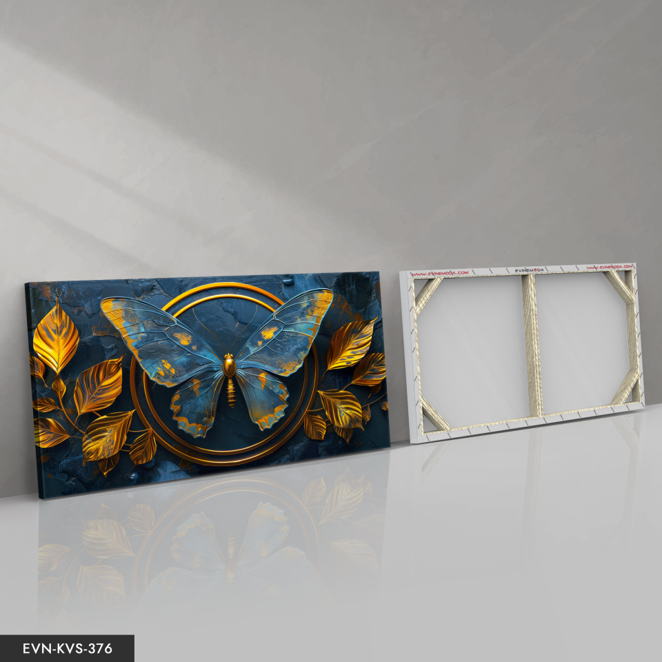 Mavi Gold Kelebek Tek Parça Kanvas - Canvas Tablo 140 x 90 CM - Çok Renkli